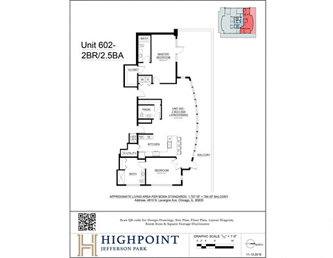 Floor plan for 2 beds, 2.5 baths